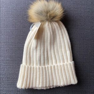 White Cream Faux Fur Pom Winter Hat Beanie